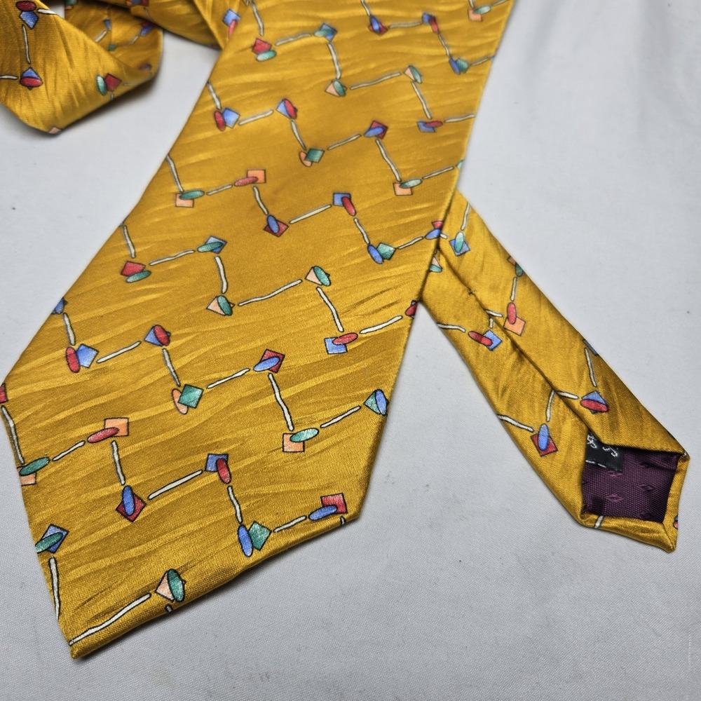 Vintage 90s Magic Johnson All Silk Tie Yellow Gold Geometric Retro Colorful USA